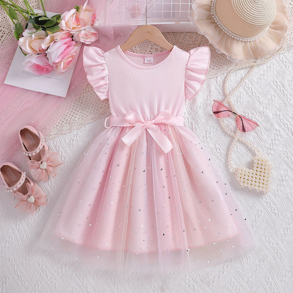 Exportgirldresssummer style flying sleeve mesh princess dress kids mesh skirt autumn birthday dress