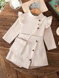 autumn new arrival: textured knit flutter sleeve top and asymmetrical skirt-pant two-piece set with matching bag