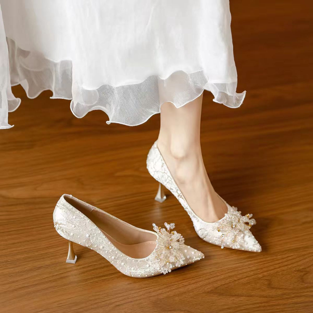 French-style pointed-toe pumps for women, 2026 rhinestone floral engagement, bridal, and bridesmaid shoes, stiletto high heels