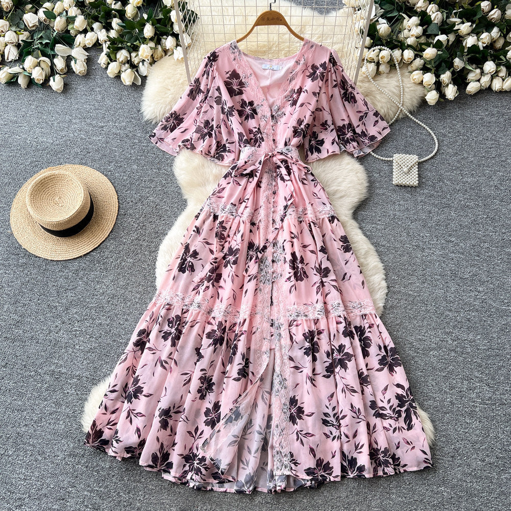 elegance floral v necklacepatchworkdress women's summer short sleeve waist slimming lookruffleselegant long skirt