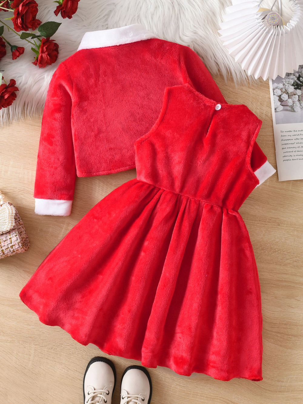girls' skirt set: red floral patchwork jacket, vest, and dress - kids' christmas two-piece outfit