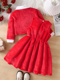 girls' skirt set: red floral patchwork jacket, vest, and dress - kids' christmas two-piece outfit
