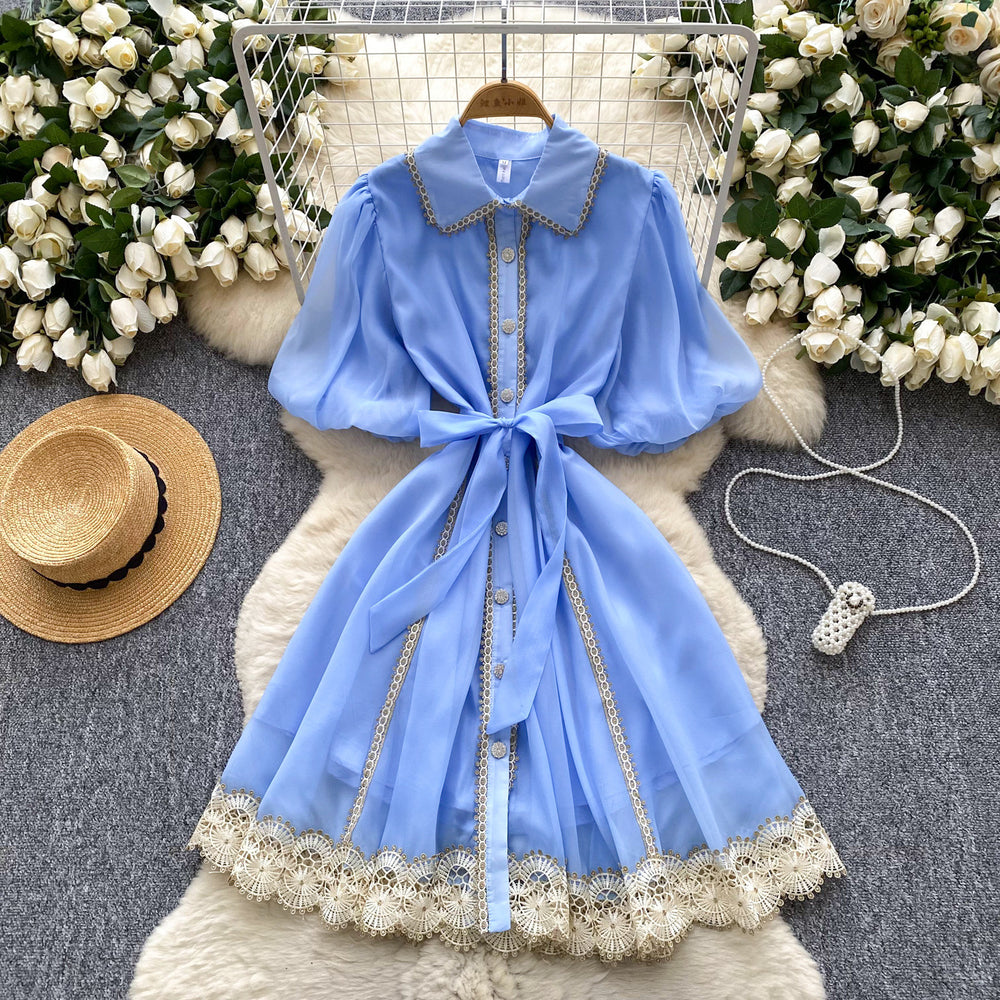 summer women's vintage-inspired court style dress: exquisite lace patchwork, tie-waist, lantern sleeves, and mesh overlay