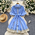 summer women's vintage-inspired court style dress: exquisite lace patchwork, tie-waist, lantern sleeves, and mesh overlay