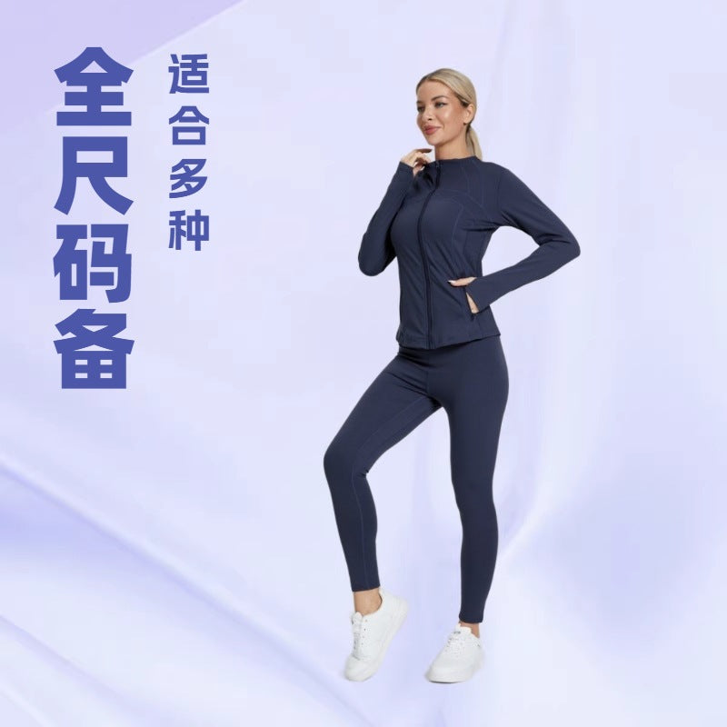 Ready-to-ship 3-piece lulu-inspired set: high-stretch, quick-dry, side-pocket zip-up jacket, bra, and leggings