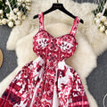 Ethnic style retro suspender dress women's frenchsense of designniche style waist slimming look floral a-line long skirt