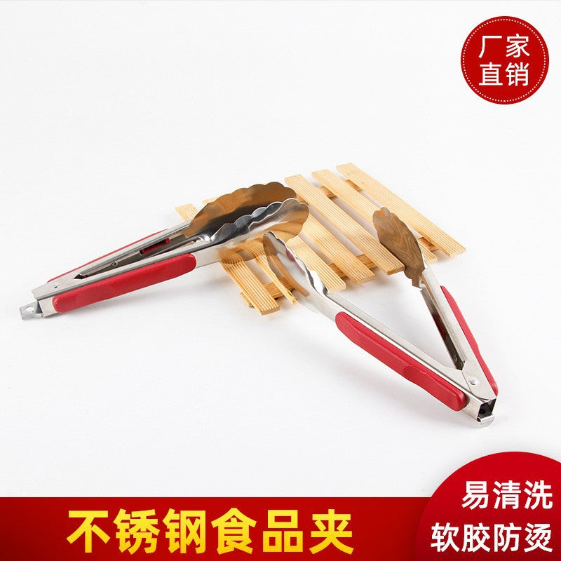 Stainless steel home & outdoor food tongs - bbq tongs, buffet food tongs, kitchen bread tongs, steak tongs, red rubber grip