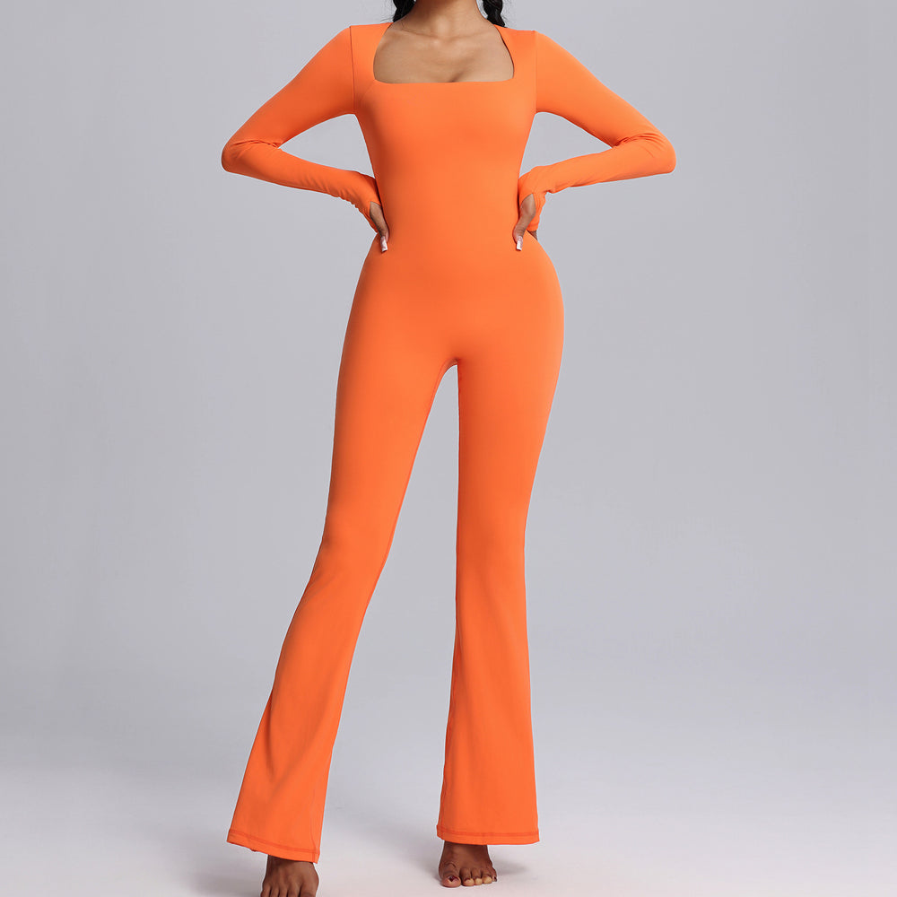 european and american new long-sleeve bodysuit yoga outfit - high-stretch, breathable dance & fitness activewear - women's flare leg bodysuit