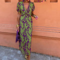 cross-border e-commerce european and american women's clothing: new summer collection - floral print v-neck short sleeve ruched bodycon dress