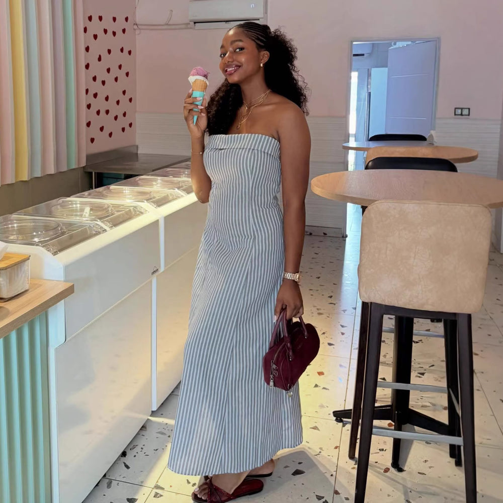 European and american cross-border women's clothing  summer new arrival: african-inspired bandeau striped slim-fit sleeveless maxi dress