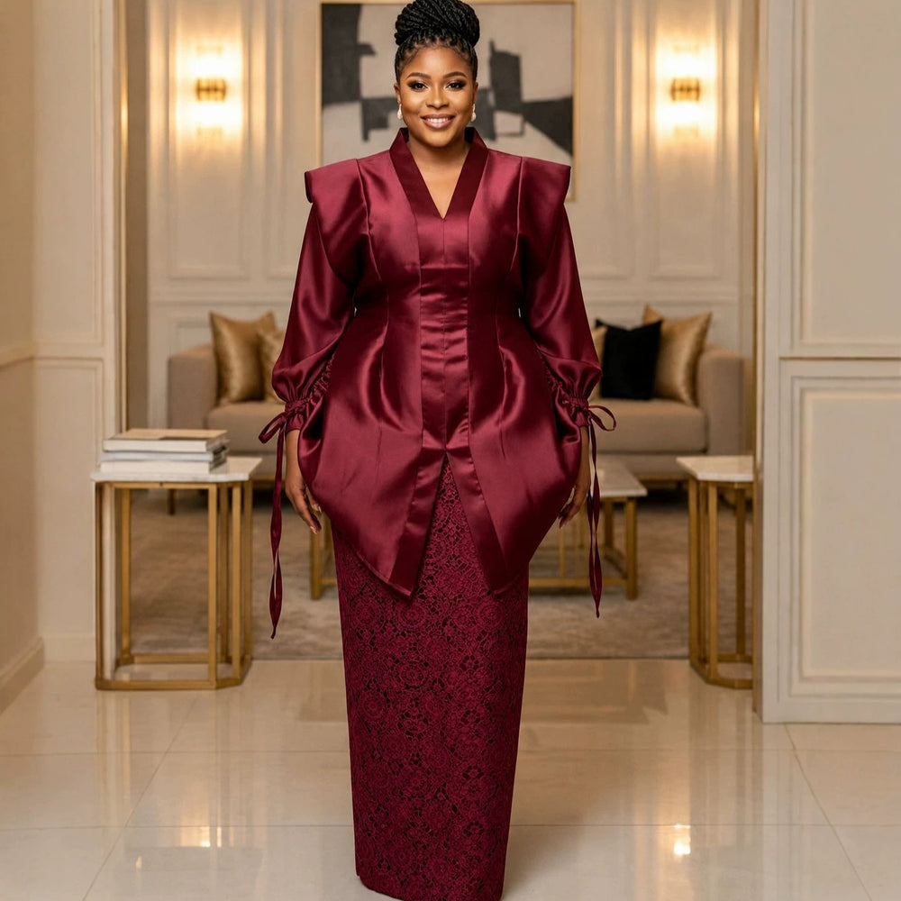 African loose satin pleated fashion outerwear drawstring design set party wedding lace robe two-piece outfit