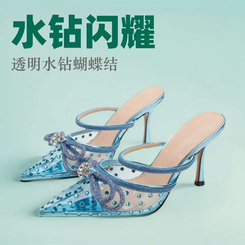 Spring/summer european and american new rhinestone bow high heel sandals transparent pointed toe stiletto heels fashionable elegant export