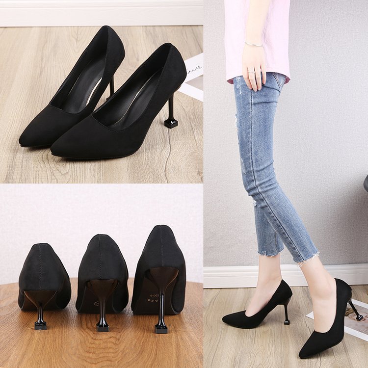 Women's suede black pointed-toe heels - professional ol work shoes, solid color stiletto mid-heel pumps