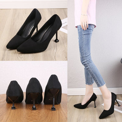 Women's suede black pointed-toe heels - professional ol work shoes, solid color stiletto mid-heel pumps