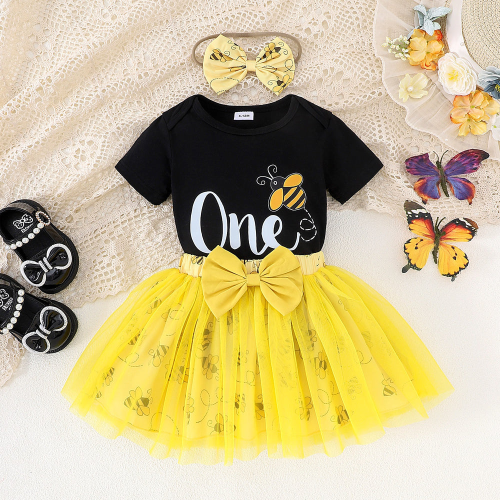 Amazon european and american summer cute princess dress for infants and toddlers - printed short-sleeve top + bowknot mesh skirt + headband