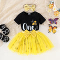 Amazon european and american summer cute princess dress for infants and toddlers - printed short-sleeve top + bowknot mesh skirt + headband
