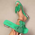 Women's plus size bow slippers -  new korean style transparent thong sandals with square toe, metal heel, and chunky heel