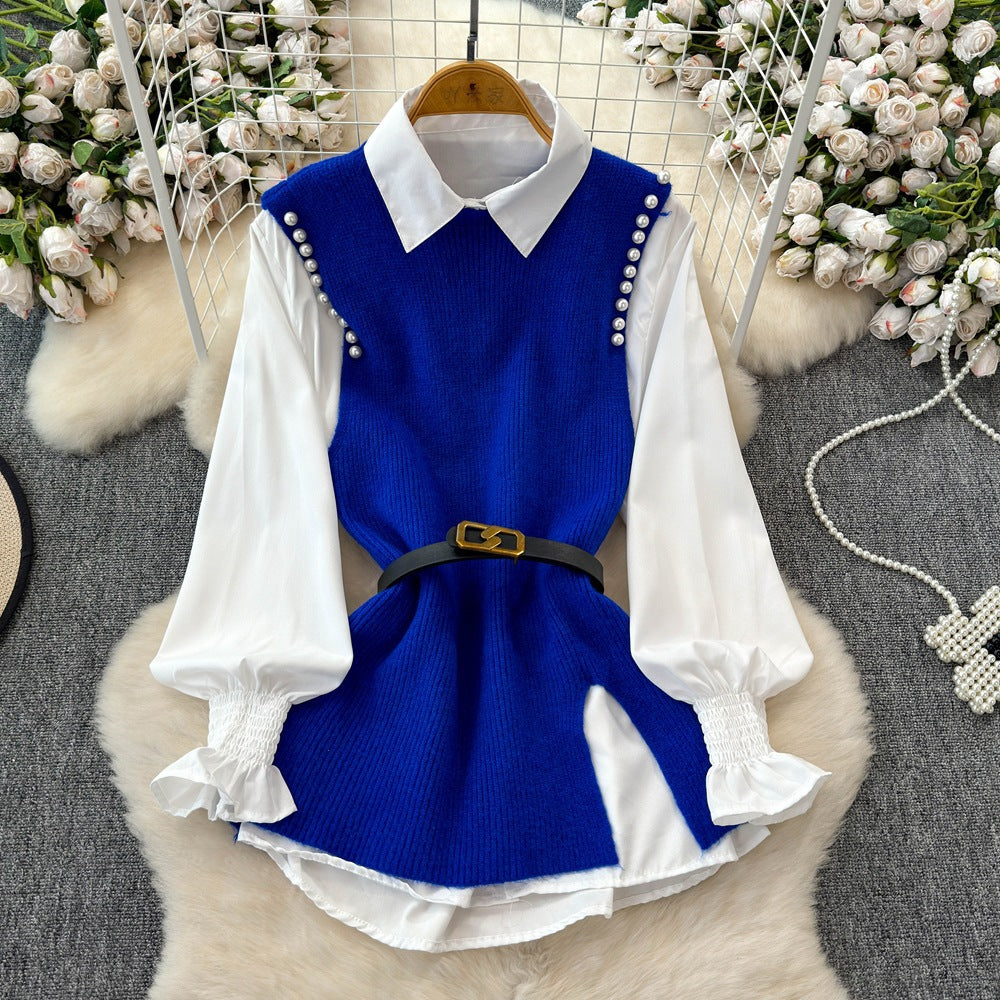 Autum shirt shirt plus knittingvesttwo-piece set female classy sense tweed style foreign style age reduction petitessuit