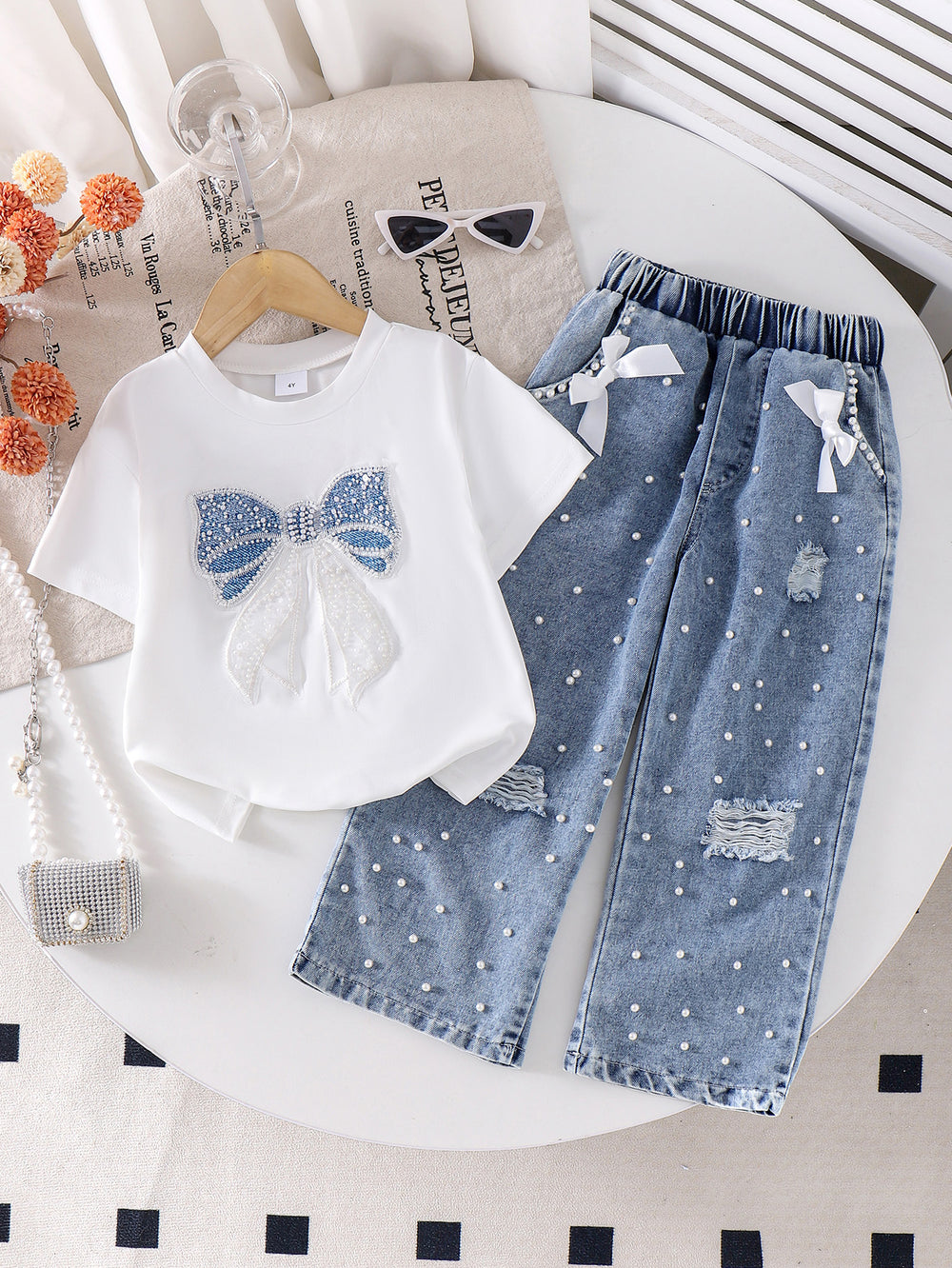 Kids clothing cross-border exclusive for european and american girls new arrival kids white short-sleeved t-shirt + blue pants
