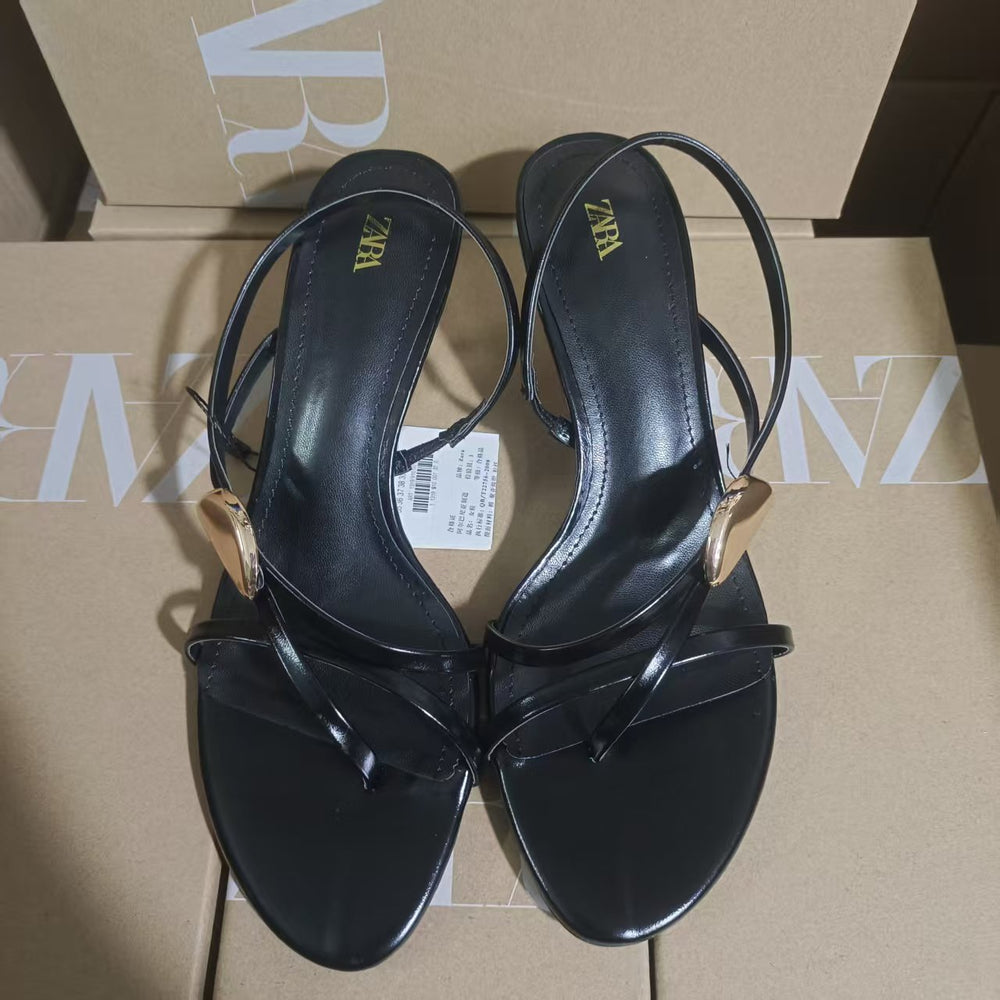 2025 summer new french chic thin strap thong chunky heel sandals women's outdoor versatile single strap beach sandals 203-27