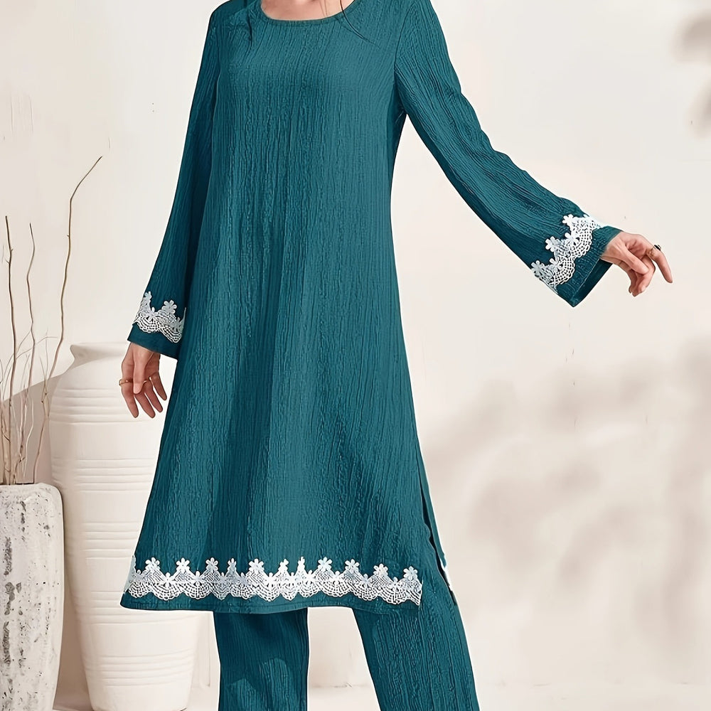 Women's summer long sexy knitted pajama set - two-piece spring/autumn crew neck loose fit casual fashion loungewear