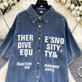 Hong kong style retrocasualbf style fashionable denim shirt for women summersense of designasymmetricalletterprintingtops for women