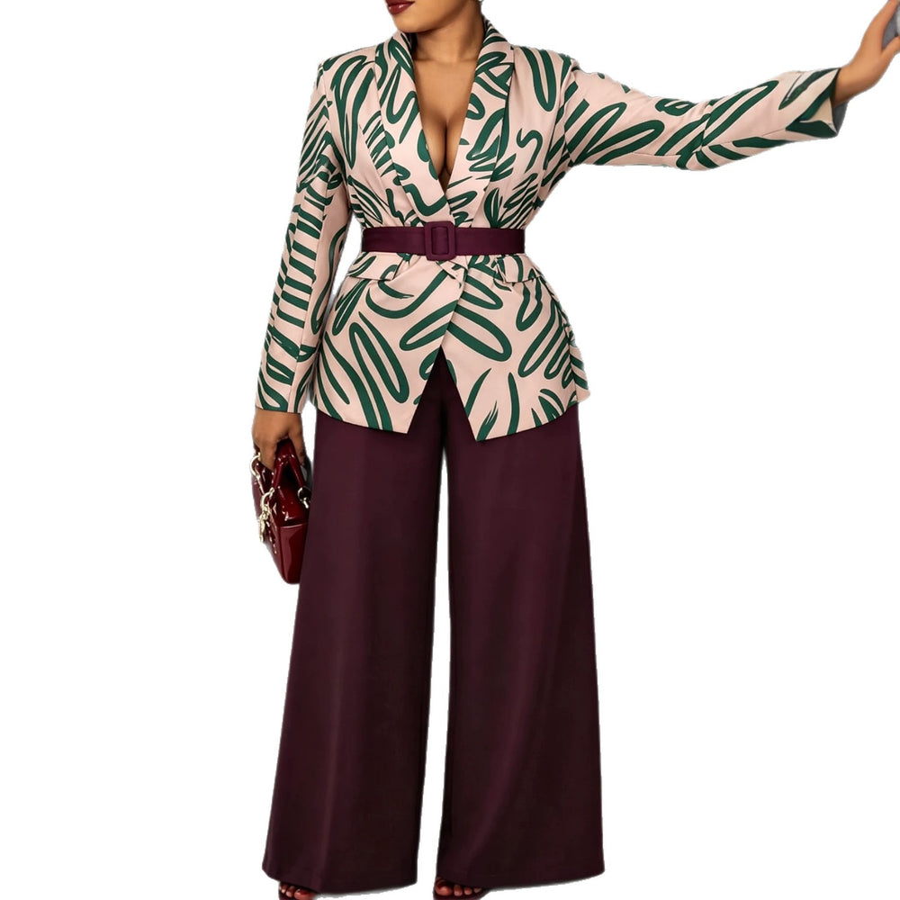 Autumnew arrival waist printing suit outwear high waistslimming look belt easiest for matchstraight-leg pantssuittwo-piece