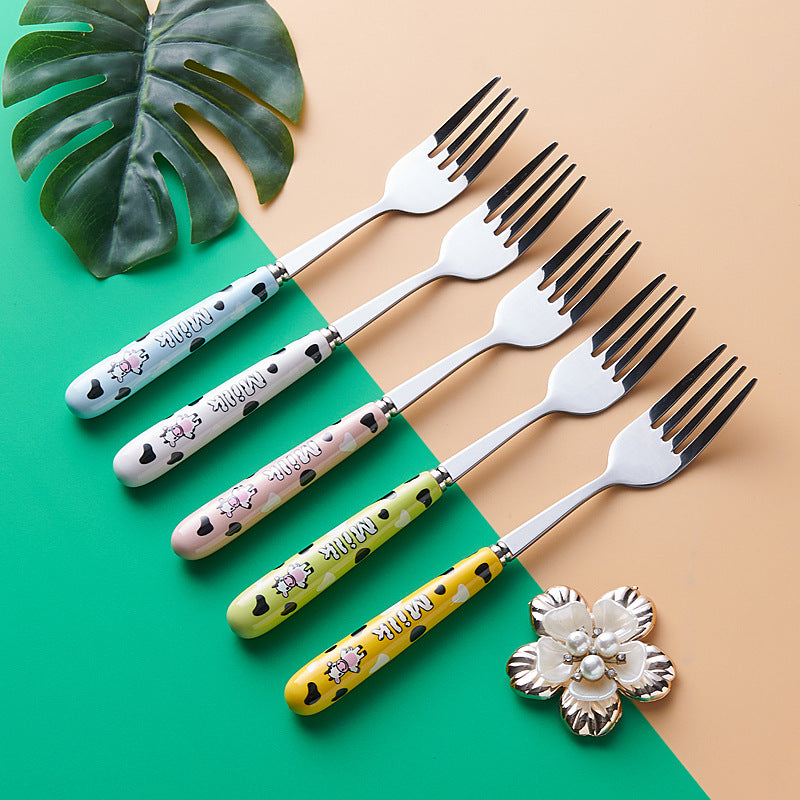 Portable storage cutlery set - cute cow design stainless steel children's dinnerware set: fork, spoon, and chopsticks