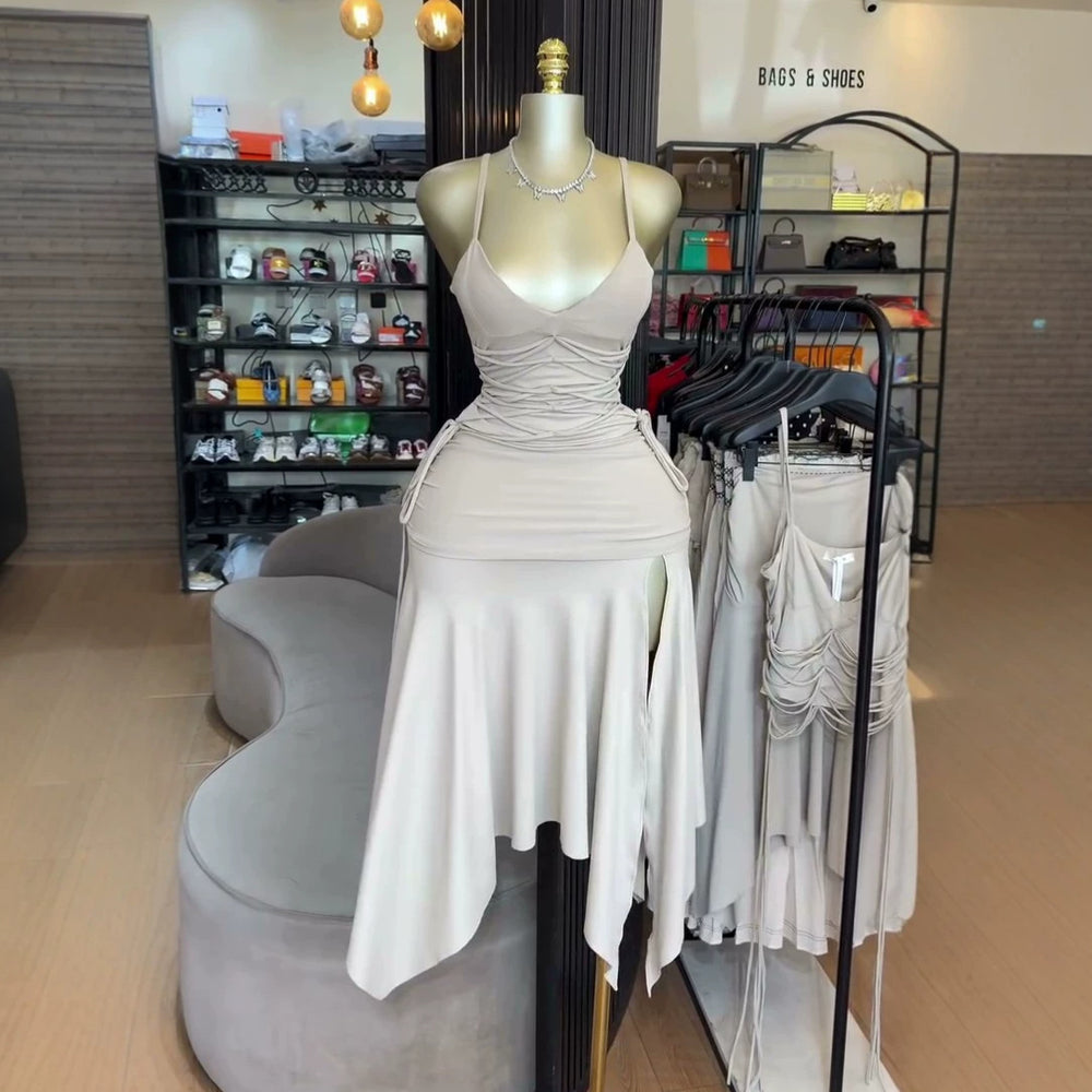 European and american cross-border women's fashion  summer new arrival: elegant tie-strap v-neck camisole top and asymmetrical midi skirt set