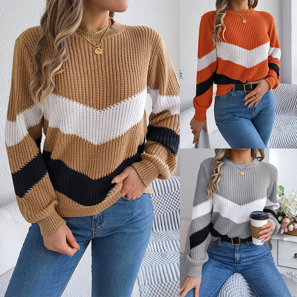 ins wind real shot 2025 autumn and winter European and American casual color matching lantern long-sleeved pullover sweater,   women's clothing