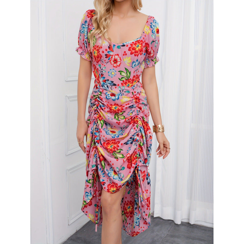 listing: new  women's original elegant floral print drawstring hem dress