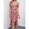 listing: new  women's original elegant floral print drawstring hem dress