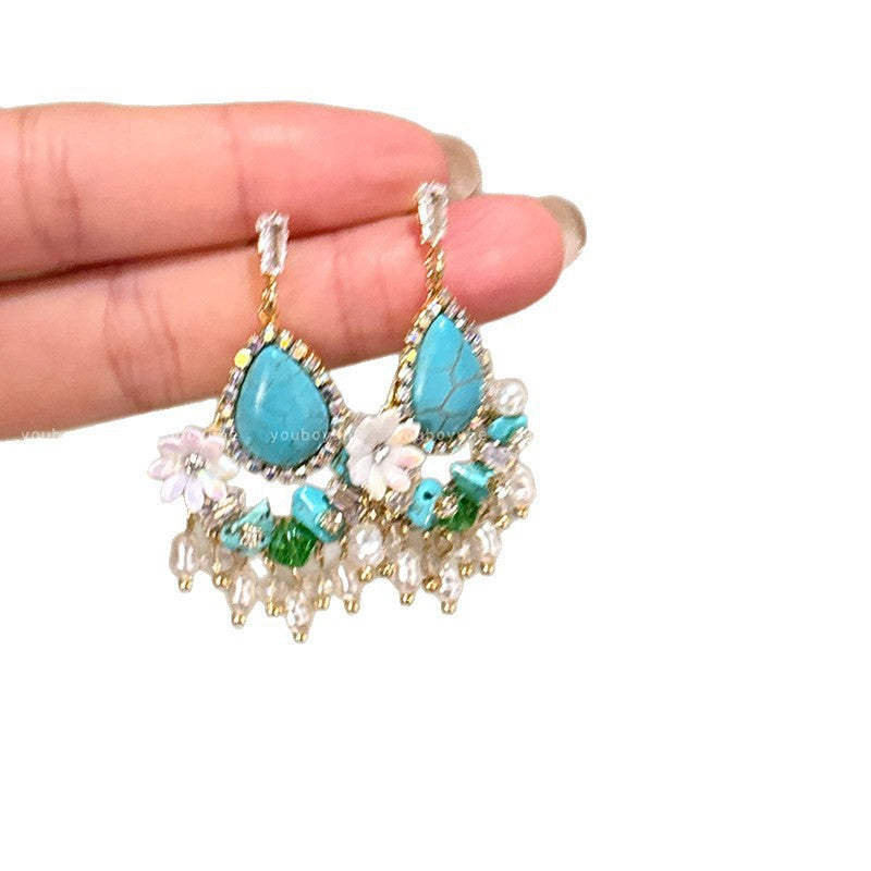 Spring ethnic style turquoise flower tassel earrings for women niche styleclassyelegant earrings seaside vacation earrings