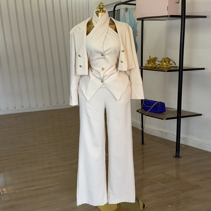 European and american cross-border women's fashion  summer new striped jacket halter vest wide-leg pants set