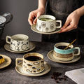 Vintage stoneware underglaze coffee cup and saucer set - ceramic drinking cup - office milk tea cup - high-style terracotta tea cup