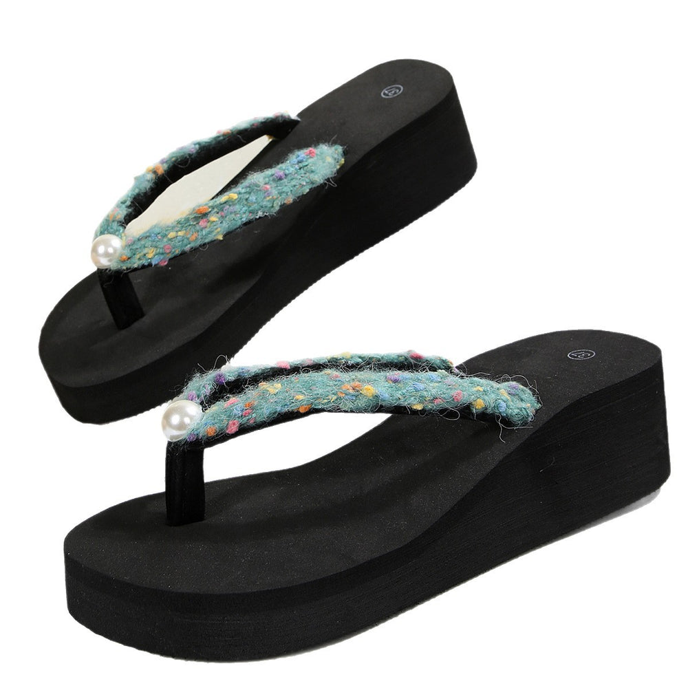 Aliexpress foreign trade plus size 2025 summer pearl thick sole flip flops beach lightweight casual plaid sandals women