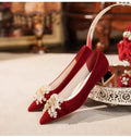 2025 red suede wedding shoes bridal shoes pointed toe rhinestone flower low heel square heel wedding party shoes