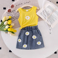 Ebay cross-border fashion girls' summer sleeveless yellow tank top + floral denim mini skirt ruffle set