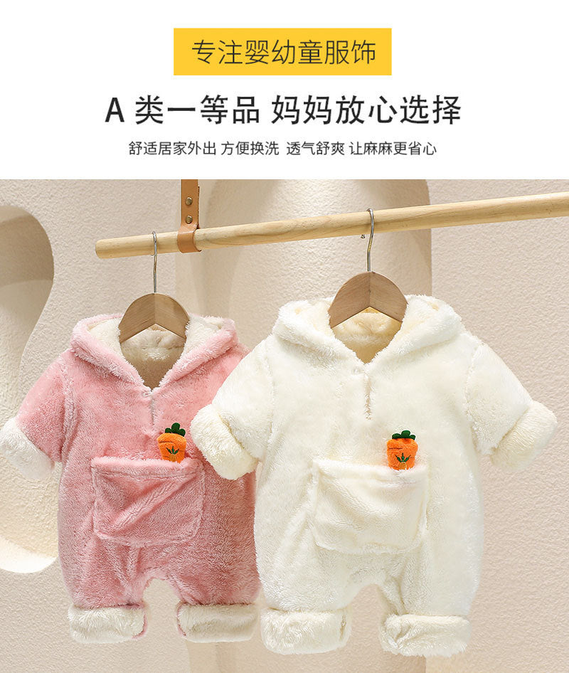 Autumn winter baby super cute k-stylefleece-lined hooded outing clothes newborn style flannel home crawling clothes