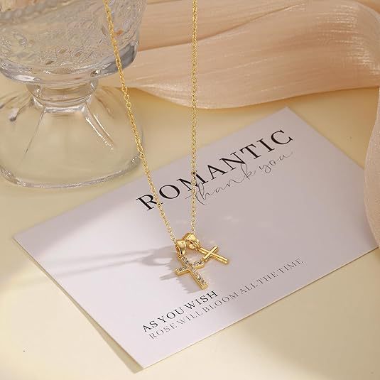 Amazon cross-border hot-selling copper plated 14k gold double cross necklace for women, european and american fashion trend, minimalist clavicle chain