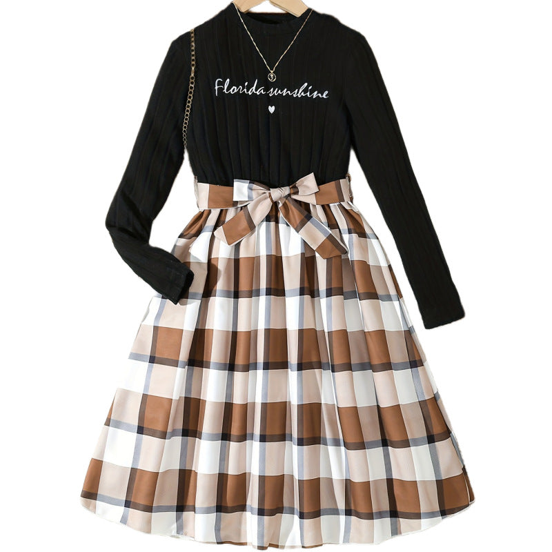 Export kids skirt k-stylelong sleevesfake two-pieceletterprintingpatchwork skirtplaid skirtspringgirldress