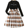Export kids skirt k-stylelong sleevesfake two-pieceletterprintingpatchwork skirtplaid skirtspringgirldress