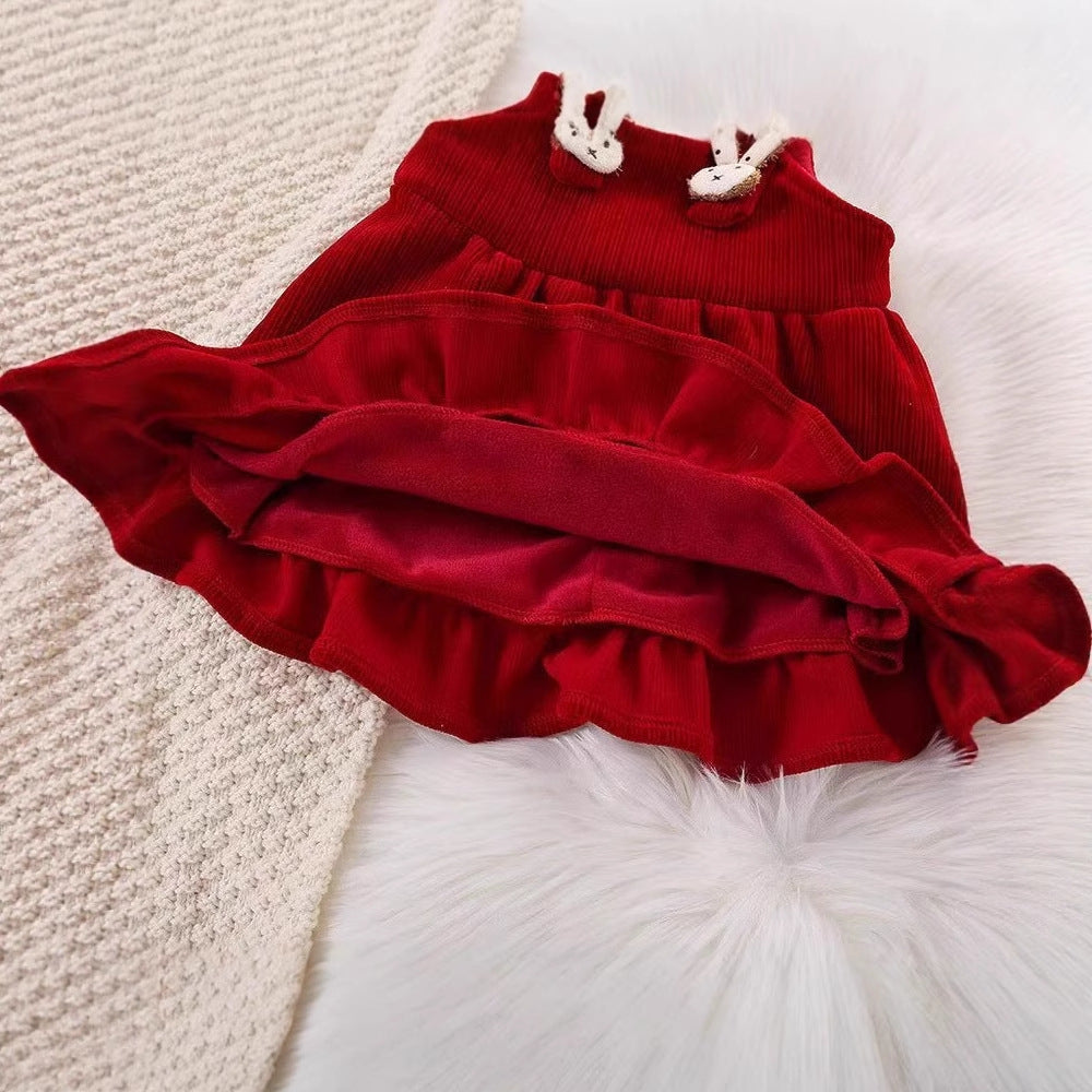 Girls' dress -  autumn/winter collection - baby fleece-lined red birthday/christmas/chinese new year party dress - little princess style