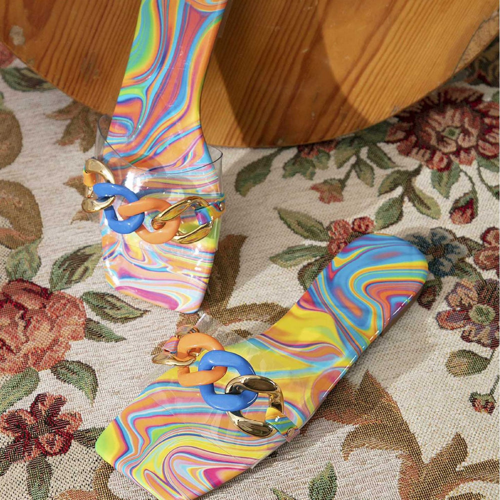 Women's flat square toe slippers sandals - colorful, vacation-ready, sexy chain detail - fashionable women's slippers & sandals