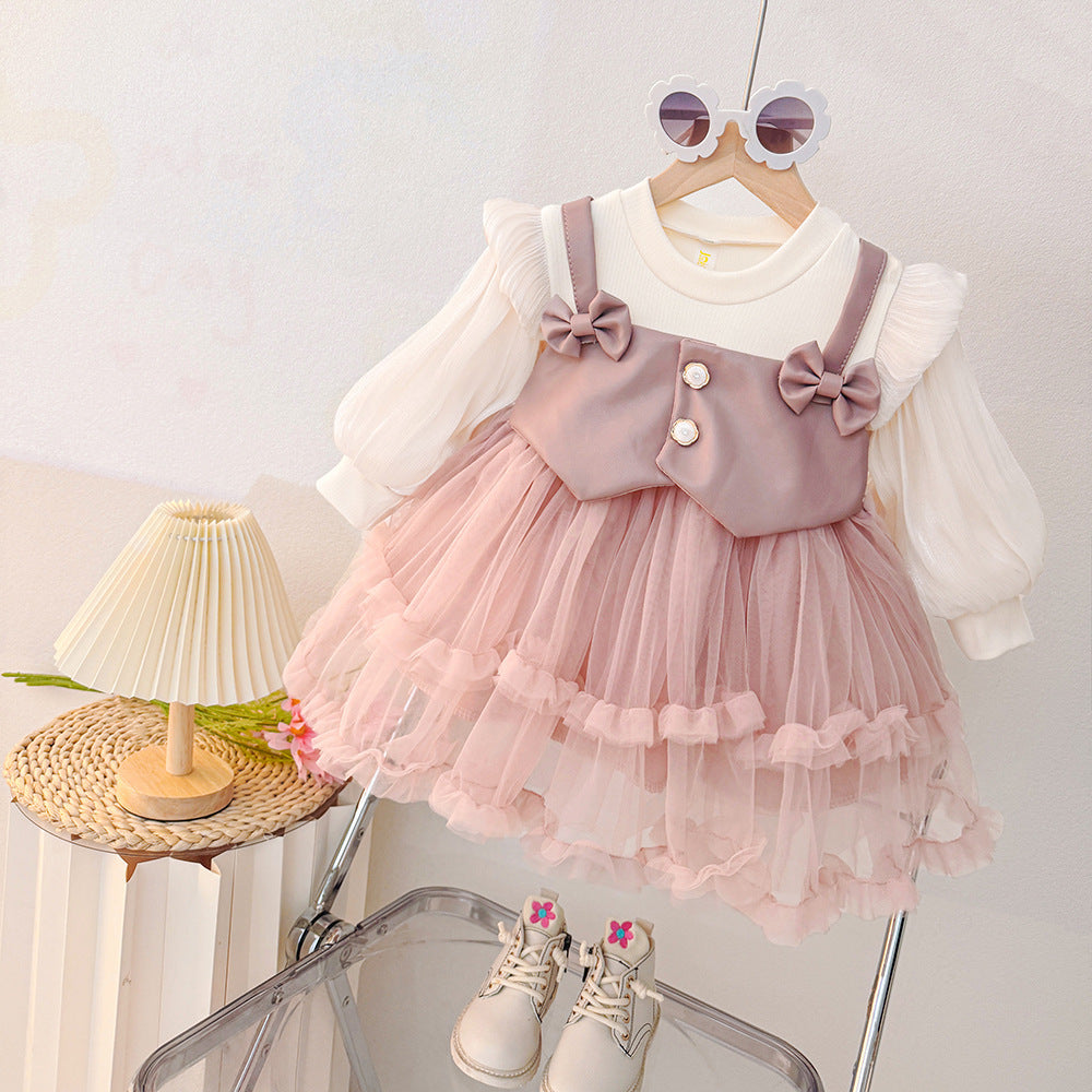 Spring girls' dress  new mesh long sleeve spring korean style fashion solid color chic baby girl dress