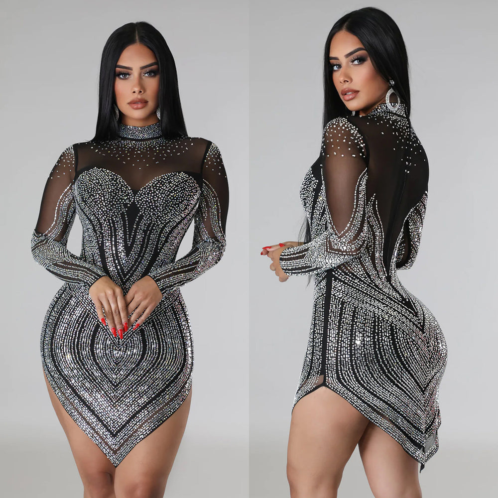 C6371 cross-border   fashion women's solid color mesh rhinestone long sleeve mini dress
