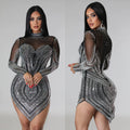 C6371 cross-border   fashion women's solid color mesh rhinestone long sleeve mini dress