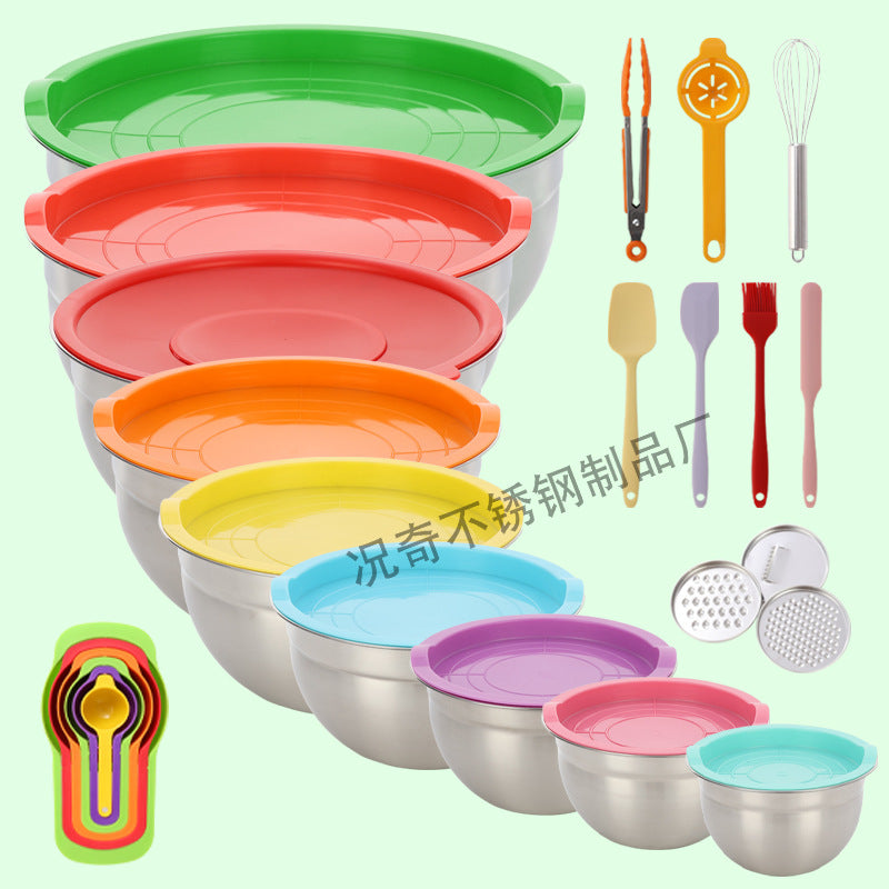 Stainless steel deep salad bowl with color-sprayed lid, round mixing bowl with non-slip silicone base for kitchen use