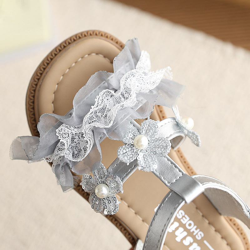 Summer  new girls' fashion floral princess thong sandals - kids' soft sole beach shoes with a fairy-tale touch
