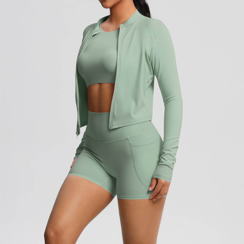 Fashionnew arrivalnude brushed long sleeves sports outwearcasualflap pocket pants shorts running butt lift yoga wear three-piece set
